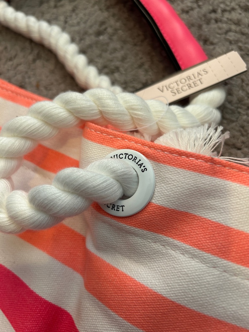 NWT $78 Victoria's Secret Pink and White Striped Canvas Tote - Picture 8 of 10